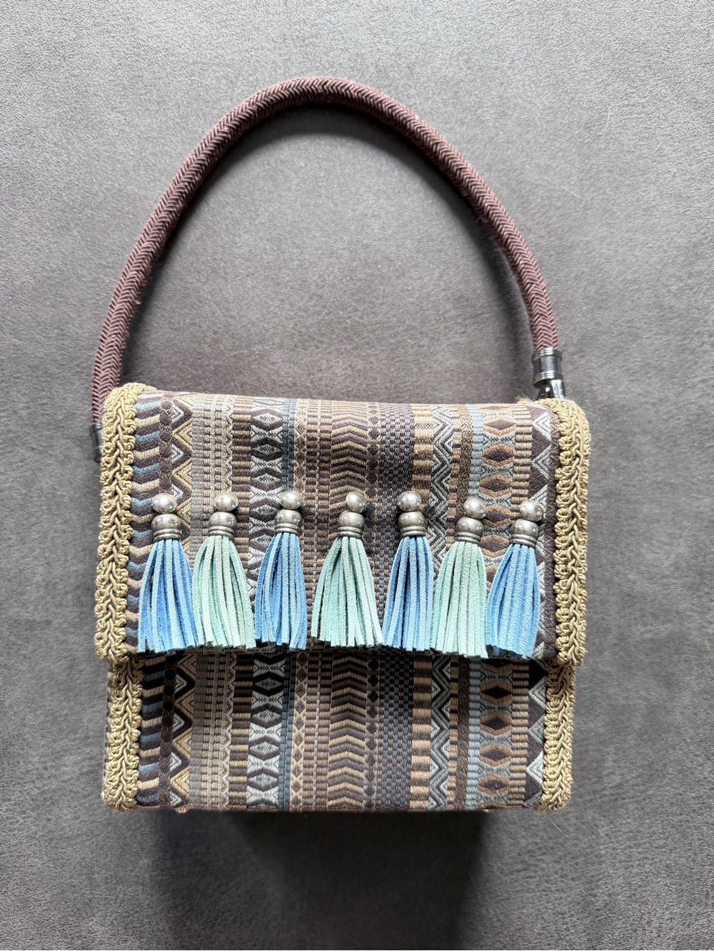 Boho Mini Tassel Shoulder Bag in Brown and Blue